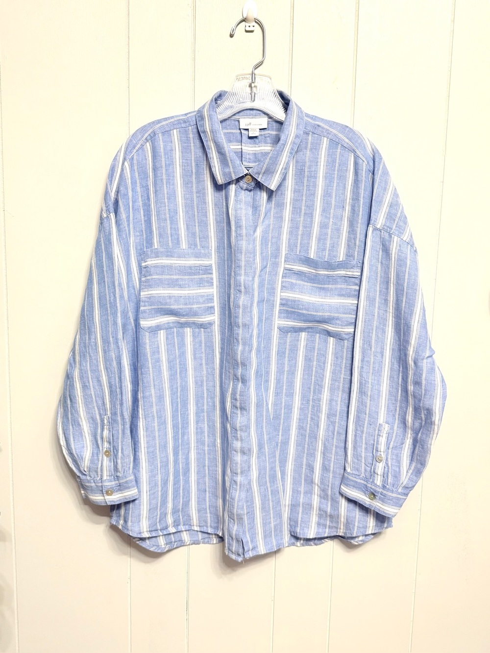 #19)  J. Jill Love Linen Blue and White Striped Linen Shirt